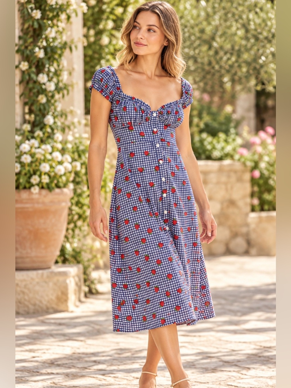Urban Outfitters Penelope
Strawberry Button-front Midi
Dress Navy Gingham